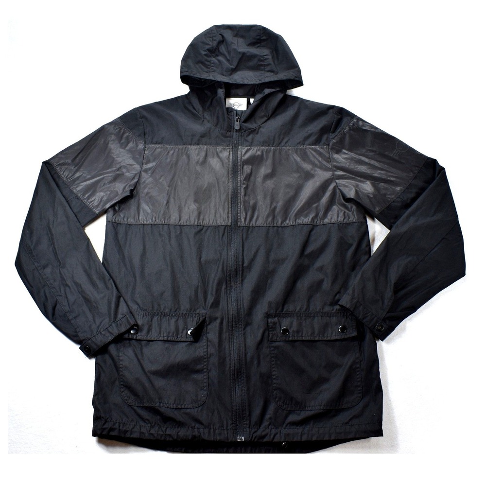 Mini Cooper BMW AG Mens Black Hooded Windbreaker Jacket Medium Mixed Media Logo